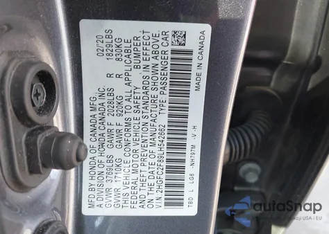 2020 Honda Civic Sport z USA, uszkodzony, nr VIN 2HGFC2F89LH542662